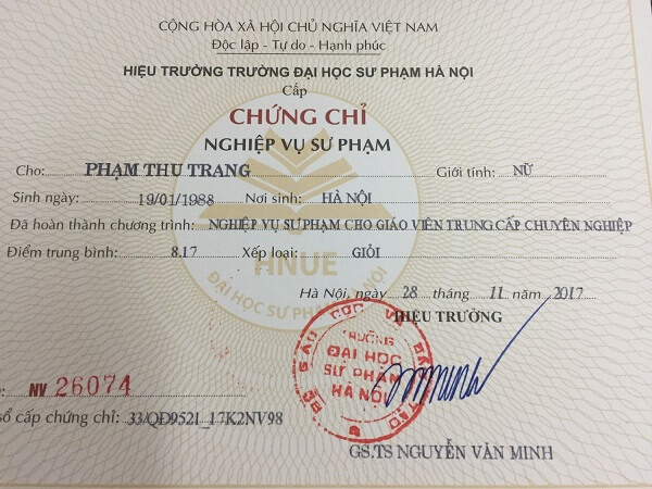 bằng nghiệp vụ sư phạm Tiếng Anh là gì